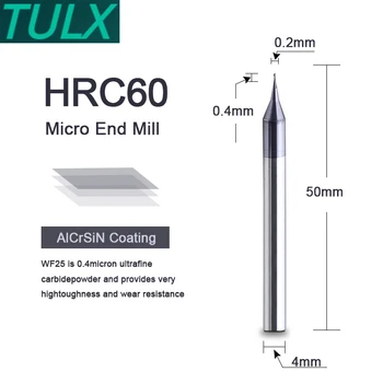 1PC HRC60 Micro Square End Mill 2 horony 0,2-0,9mm TiAIN Micro Flat 4mm szárú maró Mirco keményfém CNC gravírozó bit