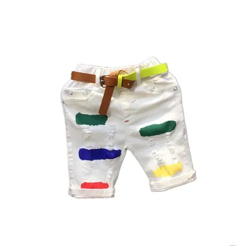 2-7év Baby Boys rövidnadrág festék szakadt alkalmi rövidnadrág fiúknak Nyári rövid nadrág zsebek lyuk fehér baba rövidnadrág