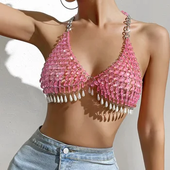 2023 Glitter Nightclub hát nélküli gyöngy rózsaszín kristály tankok felsők női Y2K szexi kristály gyémántok Night Club Party Wear crop Top