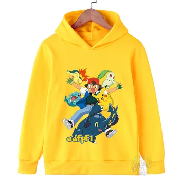2024 Új Pokemon kapucnis pulóverek Fiúk Lányok Gyerekek Japán anime Pikachu nyomtatás Hosszú ujjú pulóver ruhák Rajzfilm pulóver ruházat