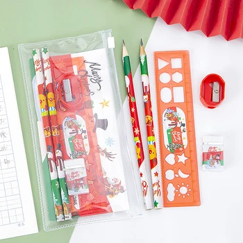 5db/set Karácsonyi írószer ajándékkészlet ceruza radír ceruzahegyező vonalzó Diákíró eszközök gyerek iskolai kellékekhez