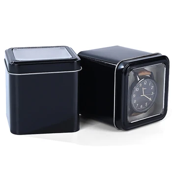 8CM négyzet alakú fekete óra szervező doboz show tartó bádoglemez doboz fém lezárt ékszerdoboz vitrin párnával