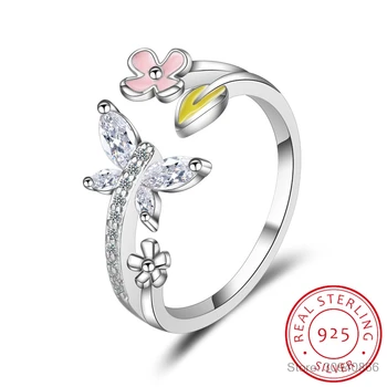 925 Sterling ezüst táncoló pillangónyitó gyűrű virág állítható gyűrű nőknek kövezési beállítás CZ finom ékszerek BSR467-E