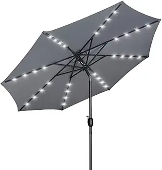 9ft napernyő napelemes lámpákkal, 32 LED-es világító esernyő kültéri asztali esernyővel, 8 bordás piaci esernyő dőlésszög-beállítással és U