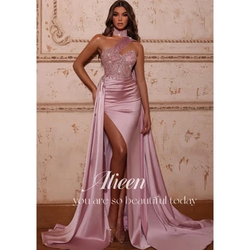 Aileen 2023 Új női rózsaszín szatén sellő karcsú báli ruha Halter nyak flitteres hosszú ujjú oldalsó hasított hosszú partiruha ruhák gála