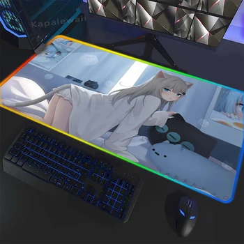 Alfombrilla RGB Anime Girl egérpad Nagy játékos LED világítás egér szőnyeg Kawaii asztali szőnyegek Számítógépes játék sebesség billentyűzet