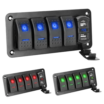  autós tengeri LED kapcsolópanelhez + matrica 12V / 24V 4 Gang Toggle Rocker kapcsoló Digitális voltmérő kettős USB port