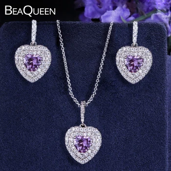 BeaQueen Lovely CZ Crystal Micro Pave Full Cubic cirkon lila szív alakú fülbevaló nyaklánc eljegyzési parti ékszer szettek JS015