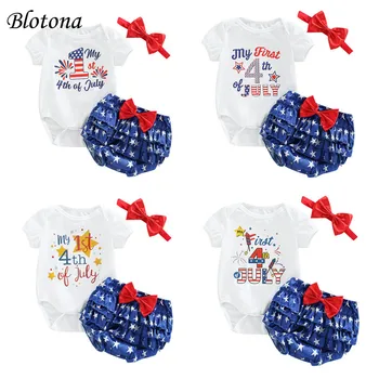 Blotona Baby Girl függetlenség napi ruhák, rövid ujjú levélmintás romper +Star Pattern fodros rövidnadrág +fejpánt, 0-24Hónap