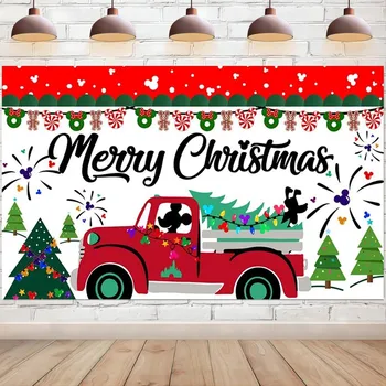 Boldog karácsonyt háttérfa és piros teherautó borsmenta háttér fotózáshoz Ünnepi partidíszek Banner fotófülke