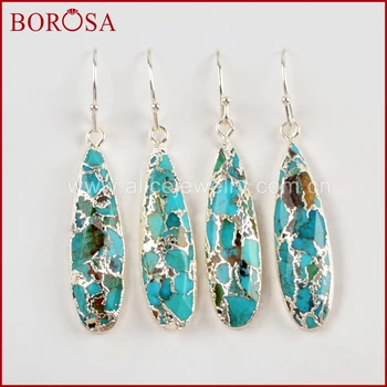 BOROSA 5Pár könnycsepp ezüst színű természetes réz türkiz lógó fülbevaló Természetes kék kő fülbevaló nőknek S1547-E