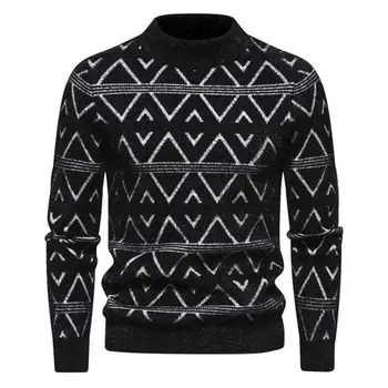 Cozy férfi pulóver Férfi geometrikus mintás kötött pulóver Puha meleg O-nyakú pulóver őszi téli divathoz Férfi geometriai