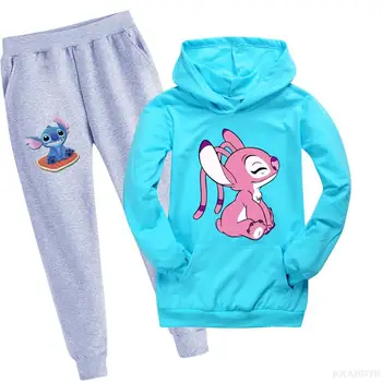Disney Stitch Print kapucnis pulóverek Baby Boy Girl pulóverek Hosszú ujjú póló felső +Pant alkalmi ruha