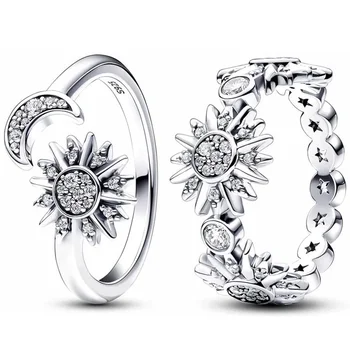 Eredeti csillogó nap és hold nyitott gyűrű kristály 925 sterling ezüst gyűrűvel nőknek Európa ékszer születésnapi ajándék