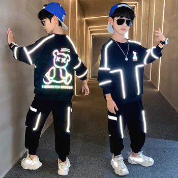 Fiúk Noctilucent ruhák Gyermek ruházati szett 2024 őszi sportruha tükrözi a könnyű pulóvert+nadrágot Gyerek kocogóruhák 4-14 éves korig