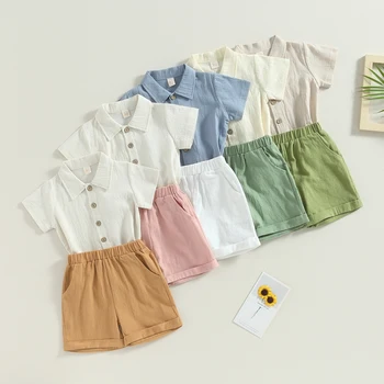 Gyerek fiúk nyári ruhák egyszínű, lehajtható gallérú ingek és rugalmas deréknadrágok 2db ruhakészlet 6 m-4 t