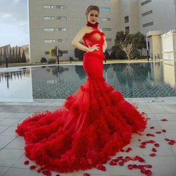 Gyönyörű piros sellő virágbáli ruhák Magas nyakú rátétes tüll estélyi ruha Hivatalos ruha Party vestido de novia