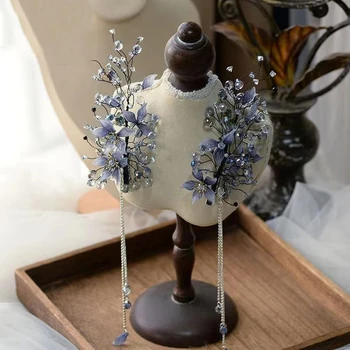 Himstory kézzel készített tündér 3D kék lila virág esküvői haj kiegészítők Crystal menyasszonyi fejpánt lányok fejdísz koszorúslány gif