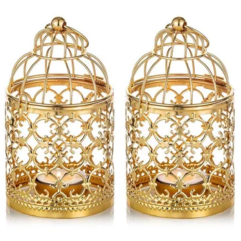  Hot 2Db kis fém tealámpák, függő madárketrec lámpák, gyertya arany lámpák, vintage esküvői és parti dekorációk