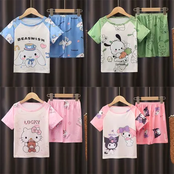 Kawaii My Melody Kuromi Hello Kitty rövid ujjú gyermek pizsama szett nyári anime Sanrio Csajos szív Aranyos baba otthoni ruhák