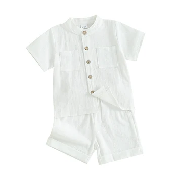Kisgyermek kisfiú nyári ruha pamutvászon rövid ujjú gombos pehely ingek rugalmas deréknadrág 2db ruhaszett