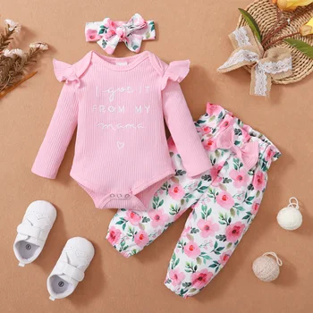 Kislány rózsaszín ruha szett Tavaszi és őszi ruha hosszú ujjú body+virágos nadrág+fejpánt kisgyermek baba divatruha öltöny