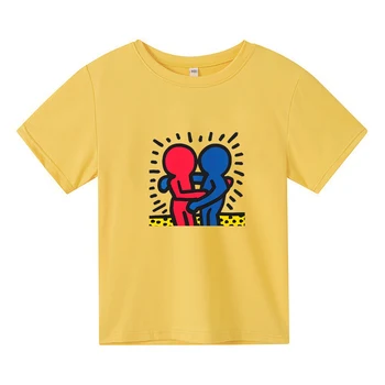 Kkeith Hharing Sárga póló gyerekeknek Nyári tiszta pamut Fiúk/lányok póló Kawaii rajzfilm grafika nyomtatás póló aranyos