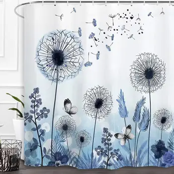 Kék virágos zuhanyfüggönyök Akvarell Pitypang Vadvirágok Növény Parasztház Vízálló szövet Fürdőszoba Kád dekoráció szett Mosható
