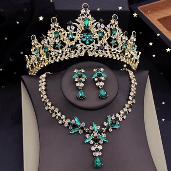 Luxus zöld korona menyasszonyi ékszerkészletek nőknek Tiaras nyaklánc fülbevaló szett esküvői fojtó menyasszony estélyi ékszerkészlet divat