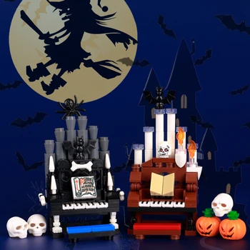 MOC Kreatív Halloween Zongora Építőelem Csontváz Ember Gyertya Tök denevér Szörnyű Vicces Mini modell Kockák Játékok Gyermek ajándék