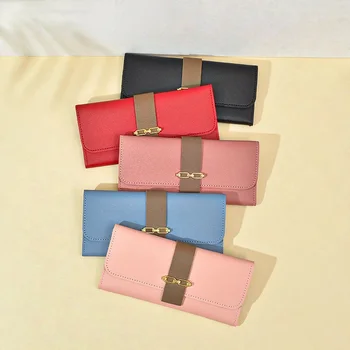 Női hosszú pénztárca húzópántos csat egyszínű egyszerű női kuplungtáska Retro nagy kapacitású multifunkcionális táska