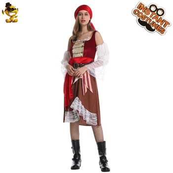 Női Pierate jelmez Deluxe női kalózruhák Díszes öltözködés övvel és fejdíszrel Halloween jelmez