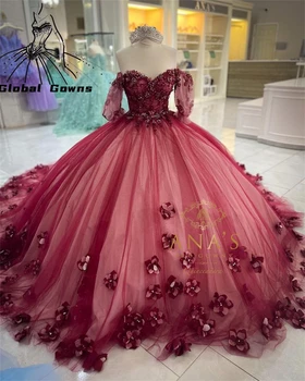 Princess Red Off The Shoulder Ball ruha Quinceanera ruhák lányoknak Gyöngyös hírességek partiruhái 3D virágok Ballagási köntös De