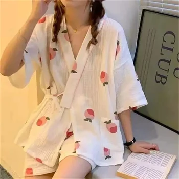 Rajzfilm őszibarack mintás lányok friss stílusú rövid ujjú+rövidnadrág 2db kimonó stílusú háztartási pizsama szett komfort géz pamut hálókocsi