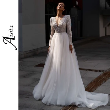 Romantikus A-vonalú esküvői ruha Csillogó csipkeszirmok gyöngyök Női ruhák tüll flitterek Elegáns és csinos női ruhák Vestido