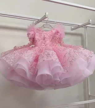 Rózsaszín csipkevirág lány ruhák o nyak bolyhos szépség ruha Elsőáldozási ruhák báli báli ruha hercegnő kislány party ruhák