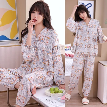 Tavaszi női pizsama öltöny gomb Cardigan mintás hosszú ujjú nadrág 2DB Loungewear Szexi V-nyakú laza alkalmi otthoni ruhák