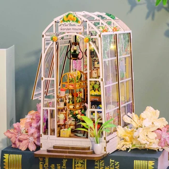 Virágszoba könyvespolc készlet, miniatűr épületmodell építés, babaház készlet, háromdimenziós puzzle DIY, kézzel készített játékok, w