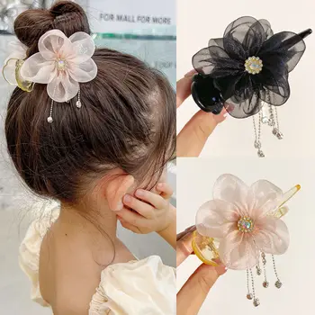 Wecute koreai lányok hajcsatai sifon virág haj karom klip lófarok frizurák zsemle frizura fejfedő kiegészítők gyermek ajándék