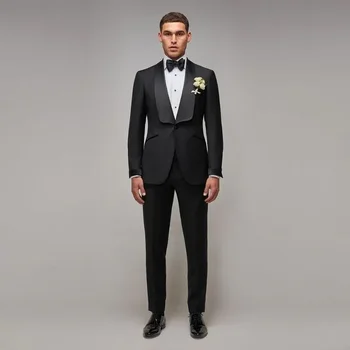 Új érkezésű fekete öltönyök férfiaknak 2024 Hivatalos báli parti bankett Tuxedo divatkendő hajtóka Egygombos 2 részes blézer nadrággal